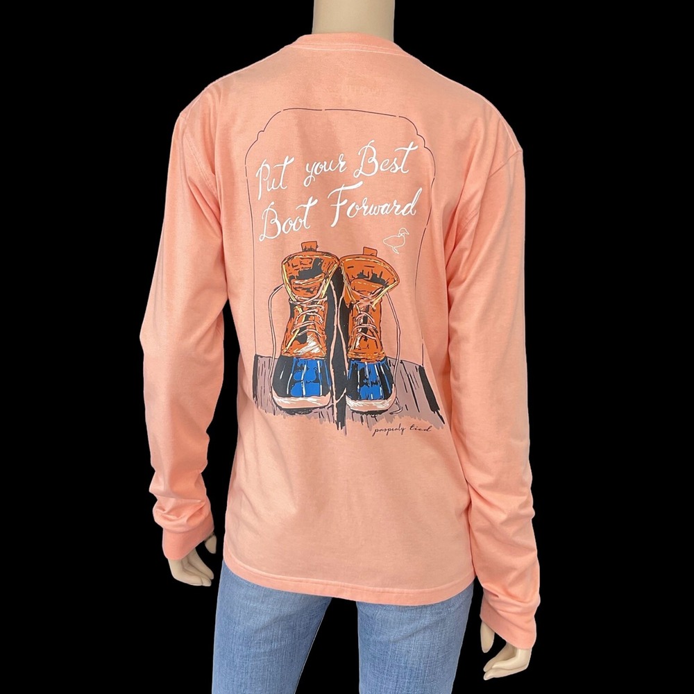 Properly Tied T-Shirt Women Medium Long Sleeve Crew Graphic Pocket Coral Cotton
